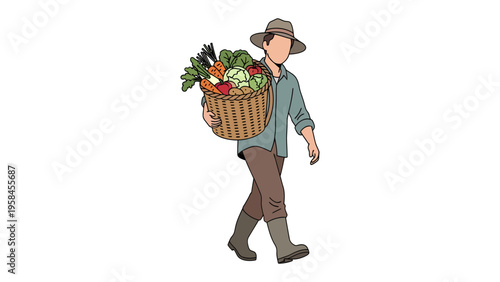 Harvest Haul: An individual, clad in rural attire, strides purposefully while carrying a bountiful basket brimming with the fresh produce of a thriving garden.