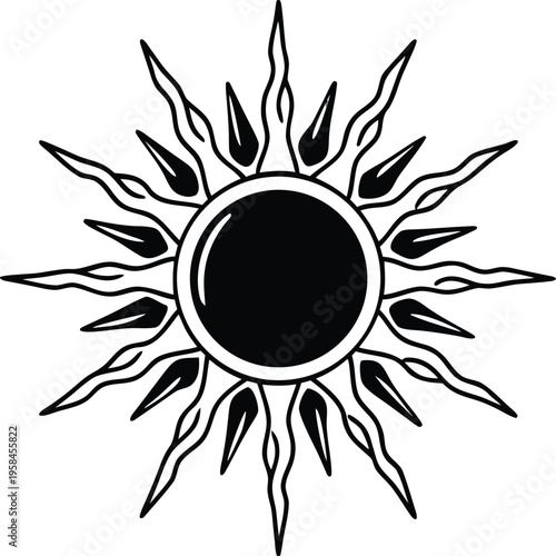 Vector sun icon with black and white line art