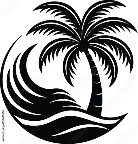 Black vector palm tree icon with wave