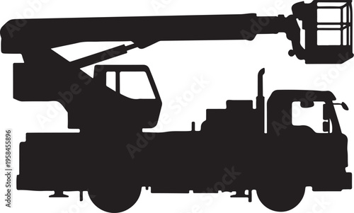 Black silhouette of a cherry picker truck, aerial lift vehicle, construction equipment, heavy machinery