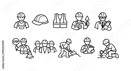 Construction worker icons depicting various job roles and activities