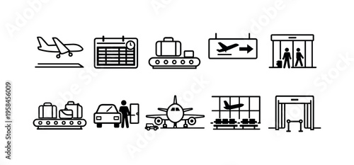 Collection of simple line icons representing airport travel and services