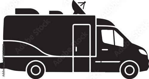 Black camper van, recreational vehicle icon, RV silhouette, motorhome graphic