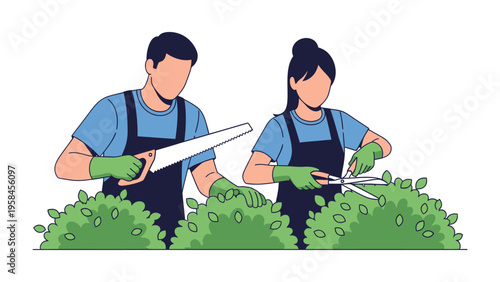 Gardeners' Harmony: Two skilled gardeners work in unison, trimming and shaping the lush greenery of the garden, highlighting their precision, artistry, and the beauty of nature.