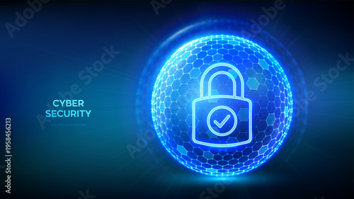 Cyber security. Network safety. Data protection concept. Information privacy. Padlock with Check mark icon inside transparent sphere shield with hexagon pattern on blue background. Vector illustration