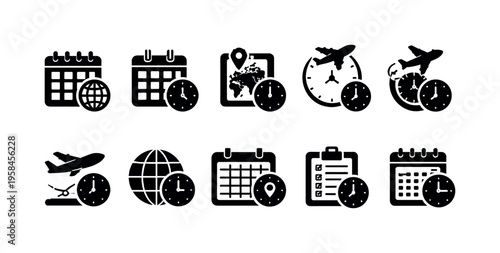 Collection of travel and time management icons with clocks, calendars, and airplanes
