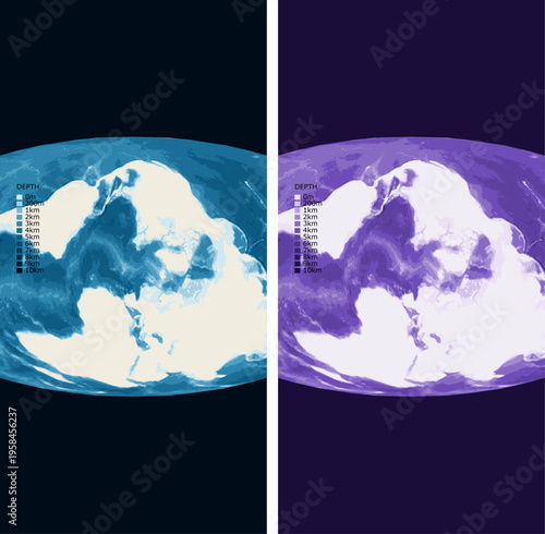 Atlantis Bartholomew 1948 Bathymetric Ocean Depth Map - Mollweide Projection - Scalable Multi-Color Seafloor Relief Topography with Depth Legend Showing Continental Shelves Mid-Ocean Ridges and