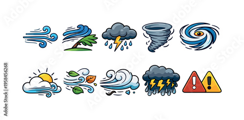 Collection of cartoon weather icons depicting various atmospheric phenomena and warnings