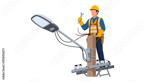 Electrician at Work: A dedicated electrician expertly services a street light fixture, embodying skill and precision in his trade.