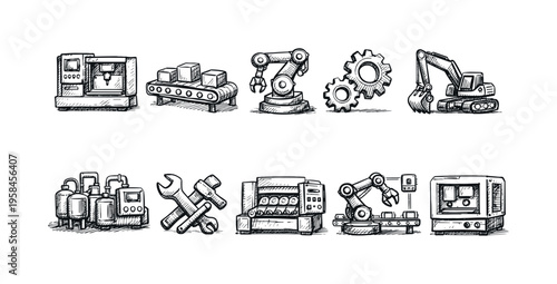 Hand-drawn industrial machinery and automation icons for manufacturing and production processes