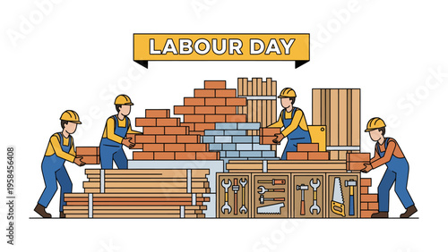 Labor Day Laborers' Legacy: Depicting a scene of diligent workers united in constructing a structure, symbolizing the importance of labor, dedication, and the celebration of the working individual.