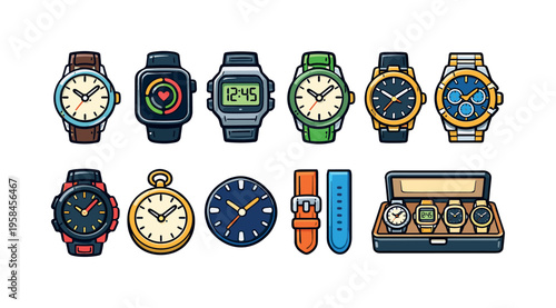 Collection of diverse wristwatches and watch accessories displayed against a white background