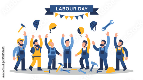 Celebration of Labor Day: A vibrant illustration depicts a group of construction workers celebrating Labor Day.