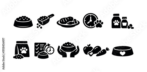 Collection of pet food and care icons for healthy animal nutrition and well-being
