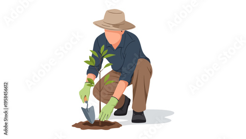 Gardener at Work: A diligent gardener plants a seedling with care, symbolizing growth, environmental consciousness, and the nurturing of life.