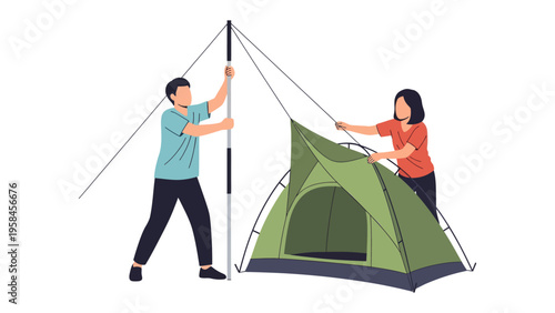 Setting up Tent: A couple works in harmony as they set up a tent, showcasing teamwork and the spirit of adventure.