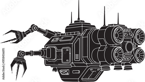 Robotic spacecraft, futuristic tank, sci-fi vehicle, black and white vector