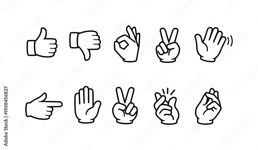 Fototapeta premium Collection of hand gesture icons including thumbs up, down, okay, peace, and pointing