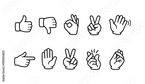 Collection of hand gesture icons including thumbs up, down, okay, peace, and pointing
