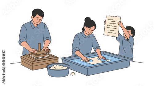 Artisan Family Crafting Paper: A family diligently working together to craft handmade paper, showcasing the timeless art of papermaking, preserving tradition, and creativity. 