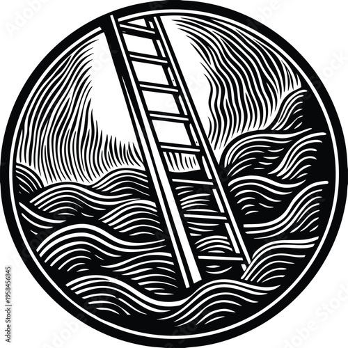 Black and white vector illustration of a ladder in a circle with waves