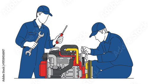 Engine Repair in Action: Two skilled mechanics work meticulously on a complex engine, showcasing precision and expertise in their craft.
