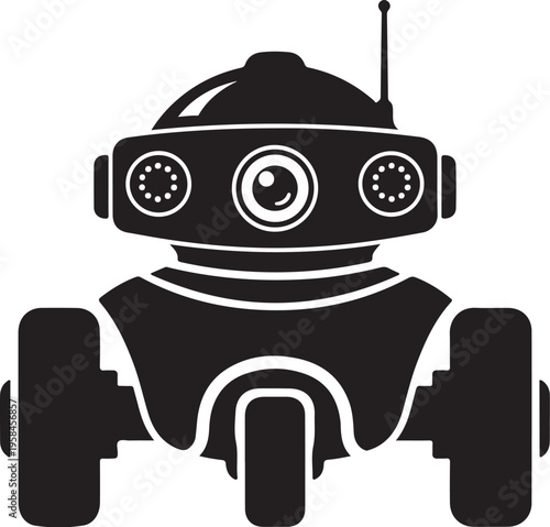 Black robot icon, robotic head illustration, futuristic bot, vector graphics