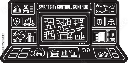 Smart city control panel, urban planning icons, futuristic interface, city management dashboard