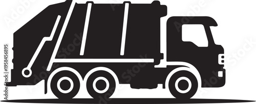 Black garbage truck, waste management vehicle, sanitation truck, recycling truck, vector illustration
