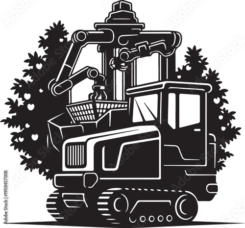 Black and white forest harvester, logging machine, tree felling equipment, heavy industry vector