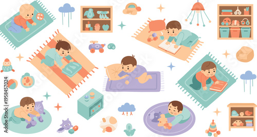 Cute baby daily routine vector illustration set with infants sleeping, playing, reading, and relaxing in nursery scenes with toys and cozy home elements.
