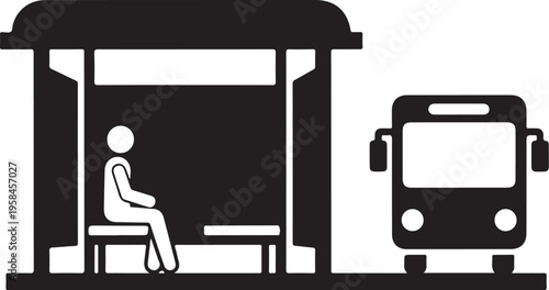 Black and white, bus stop, waiting person, urban transit icon, vector illustration