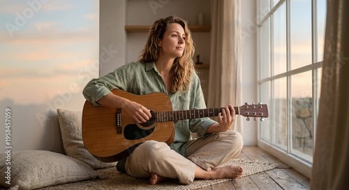 A young Caucasian woman with curly brown hair plays an acoustic guitar while sitting on a rug by a large window. Soft natural light fills the room.