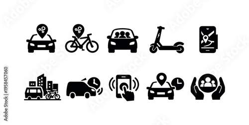 Collection of icons representing various transportation and mobility services