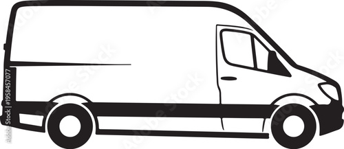 Black and white delivery van, cargo vehicle, transport illustration, side view