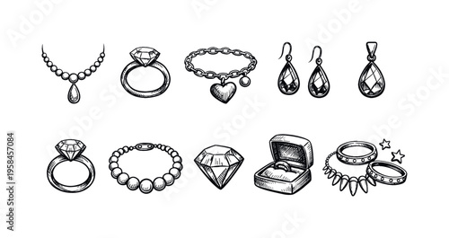 Collection of hand-drawn jewelry icons including rings, necklaces, earrings, and bracelets