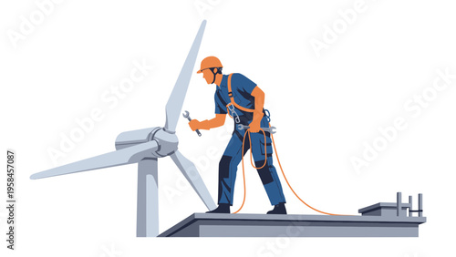 Wind Turbine Technician at Work: An engineering technician meticulously services a towering wind turbine, embodying the precision and dedication required for renewable energy