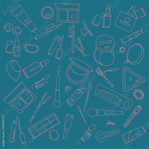 Seamless contour pattern of cosmetics on blue background, vector illustration of makeup tools.