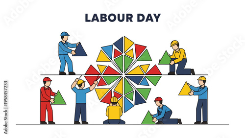 Labour Day Illustration: Celebrating the dedication of workers, this vibrant illustration depicts a group of construction workers coming together to build a complex shape