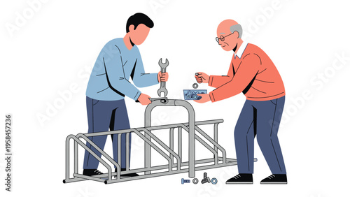 Father-Son Teamwork: A young man and his father collaborate on a DIY project, showcasing intergenerational cooperation and hands-on skill.