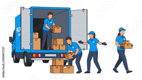 Moving Day: A team of dedicated movers efficiently load a delivery truck with boxes, ready to transport goods to their destination. The scene reflects industry and the crucial work of transportation.