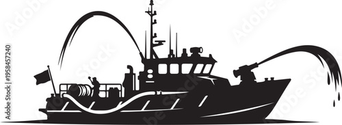 Fireboat, fire ship, rescue vessel, black silhouette, vector illustration