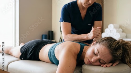 A young Caucasian woman receives a massage from a female therapist in a wellness center. The setting is calm and relaxing, with soft lighting and a massage table.
