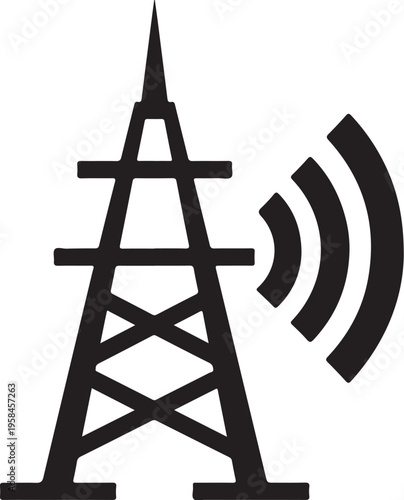 Black vector radio tower icon with signal waves