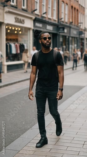 A young Black man with a beard and sunglasses walks on a busy city street. People of various ages and ethnicities are seen in the background.