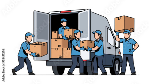 Loading and Delivery: Efficient movers unload packages from a moving truck, ensuring a smooth and organized delivery process. Delivering boxes with care.