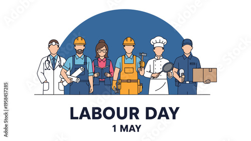 Labour Day Illustration: Diverse professionals stand united, honoring the annual celebration of Labour Day