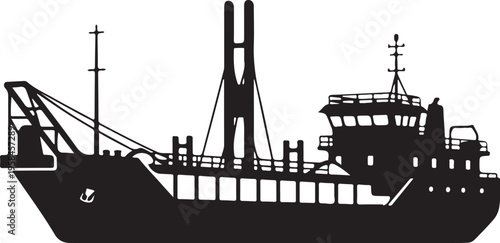 Cargo ship, freight vessel, black silhouette, industrial boat, nautical icon