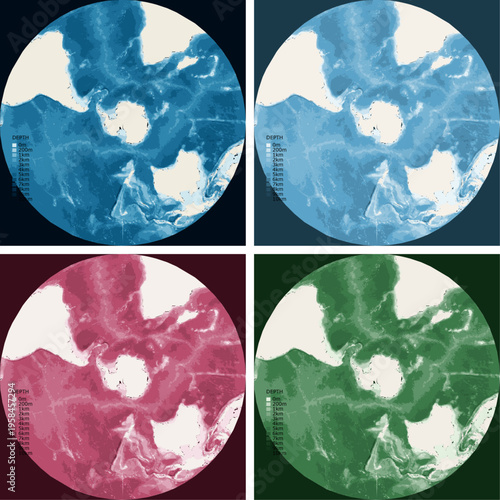 Celestial Chart South Bathymetric Depth Projection - Stereographic Projection - Scalable Multi-Color Seafloor Relief Topography with Depth Legend Showing Continental Shelves Mid-Ocean Ridges and