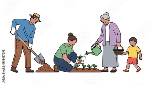 Gardening Together: A multi-generational family works harmoniously in the garden, planting seeds, nurturing life, and sharing precious moments together. 